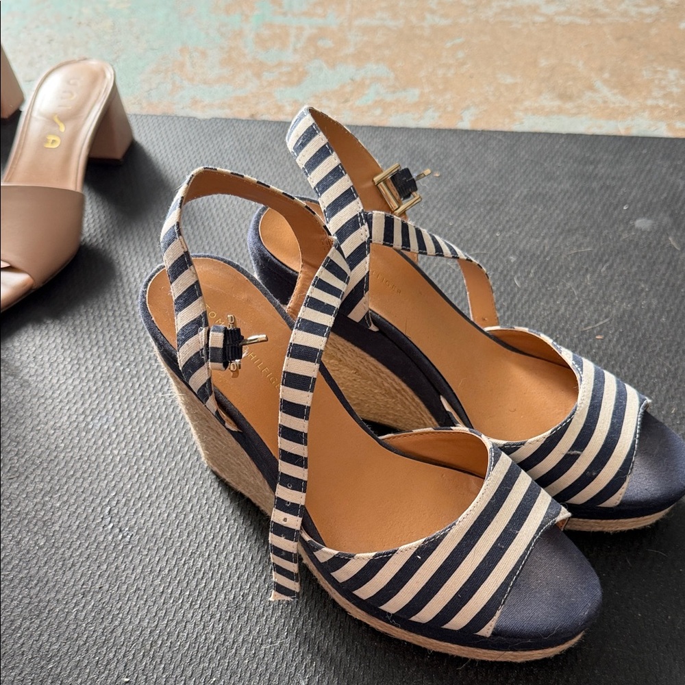 Tommy Hilfiger Navy and White Striped Wedges